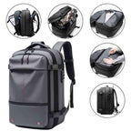 Mochila de Viagem Notebook 17 polegadas Expansível Urbanno cinza, com detalhes dos múltiplos compartimentos internos e funcionalidades de organização
