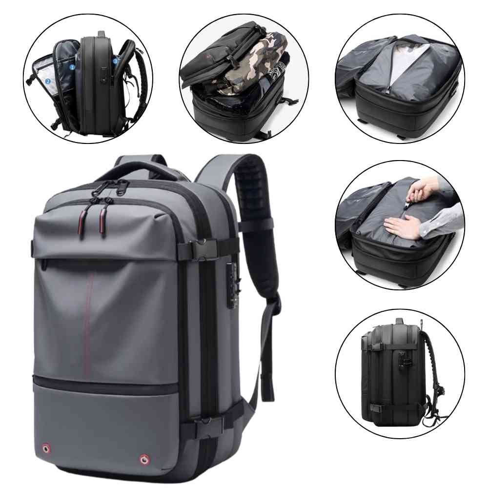 Mochila de Viagem Notebook 17 polegadas Expansível Urbanno cinza, com detalhes dos múltiplos compartimentos internos e funcionalidades de organização