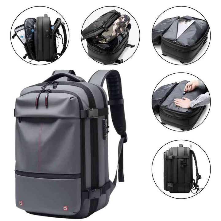 Mochila de Viagem Notebook 17 polegadas Expansível Urbanno cinza, com detalhes dos múltiplos compartimentos internos e funcionalidades de organização
