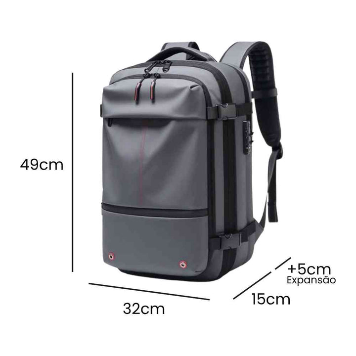 Mochila de Viagem Notebook 17 polegadas Expansível Urbanno cinza, exibindo suas dimensões de 49x32x15cm e expansão de +5cm