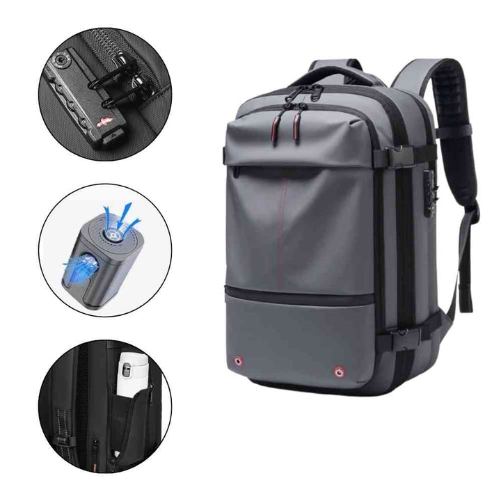 Mochila de Viagem Notebook 17 polegadas Expansível Urbanno cinza, destacando cadeado de segurança, bomba de vácuo e tecido impermeável com bolso lateral