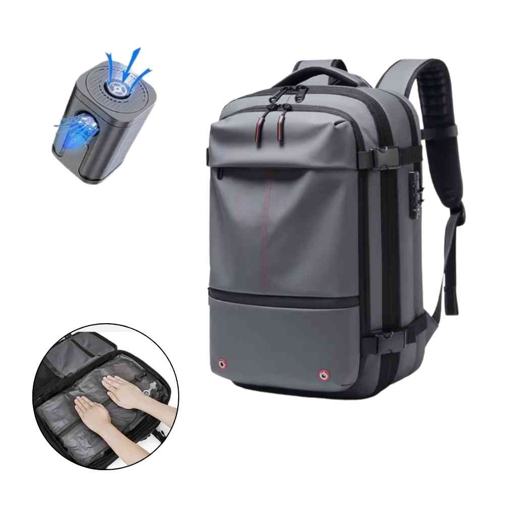 Mochila de Viagem Notebook 17 polegadas Expansível Urbanno cinza, vista frontal com bomba de vácuo para compressão e compartimento interno