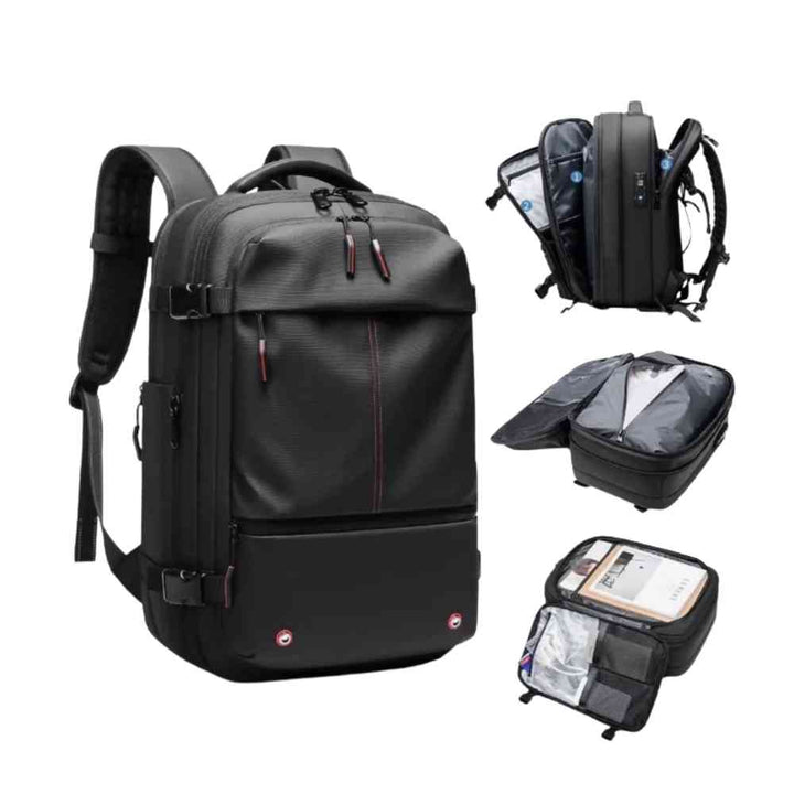 Mochila de Viagem Notebook 17 polegadas Expansível Urbanno preta, com detalhes dos compartimentos espaçosos e funcionalidades internas para organização de itens