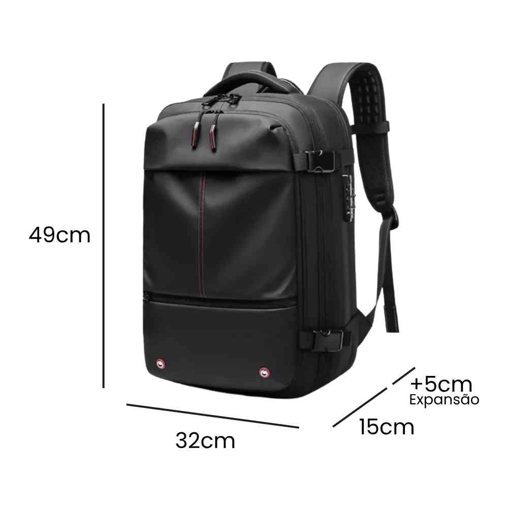 
Mochila de Viagem Notebook 17 polegadas Expansível Urbanno preta, exibindo suas dimensões de 49x32x15cm e expansão de +5cm