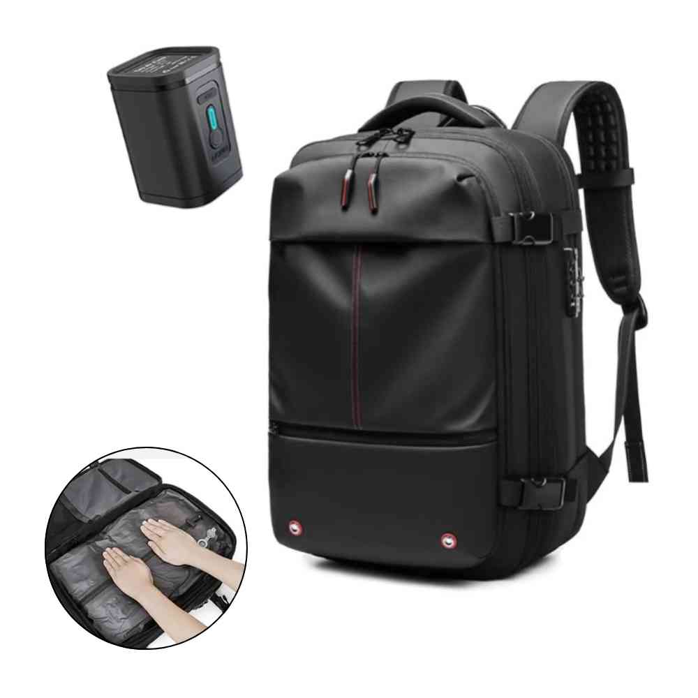 Mochila de Viagem Notebook 17 polegadas Expansível Urbanno preta, vista frontal com bomba de vácuo para compressão e compartimento interno