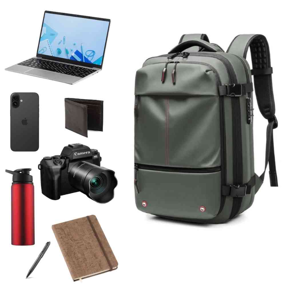 Mochila de Viagem Notebook 17 polegadas Expansível Urbanno verde, exibindo capacidade interna com notebook, câmera e acessórios essenciais para organização