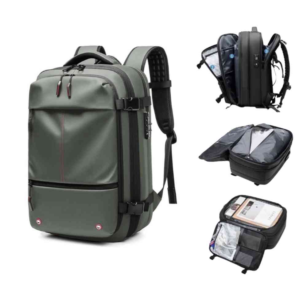 Mochila de Viagem Notebook 17 polegadas Expansível Urbanno verde, com detalhes dos compartimentos espaçosos e funcionalidades internas para organização de itens
