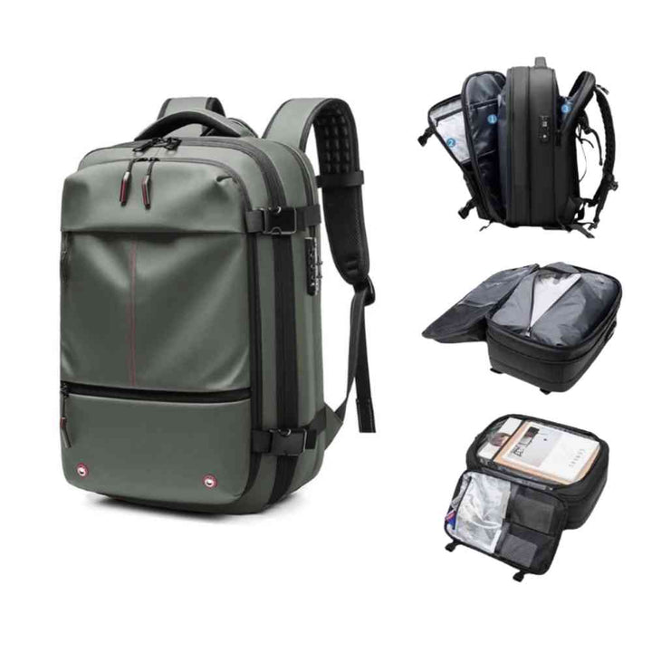 Mochila de Viagem Notebook 17 polegadas Expansível Urbanno verde, com detalhes dos compartimentos espaçosos e funcionalidades internas para organização de itens