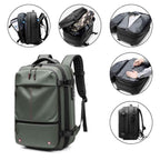 Mochila de Viagem Notebook 17 polegadas Expansível Urbanno verde, com detalhes dos múltiplos compartimentos internos e funcionalidades de organização