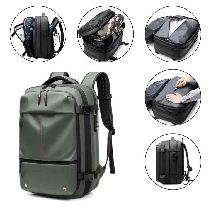 Mochila de Viagem Notebook 17 polegadas Expansível Urbanno verde, com detalhes dos múltiplos compartimentos internos e funcionalidades de organização