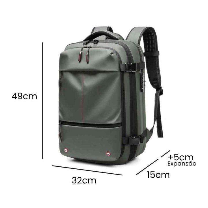 Mochila de Viagem Notebook 17 polegadas Expansível Urbanno verde, exibindo suas dimensões de 49x32x15cm e expansão de +5cm
