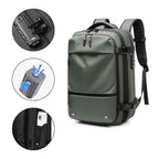 Mochila de Viagem Notebook 17 polegadas Expansível Urbanno verde, destacando cadeado de segurança, bomba de vácuo e tecido impermeável com bolso lateral