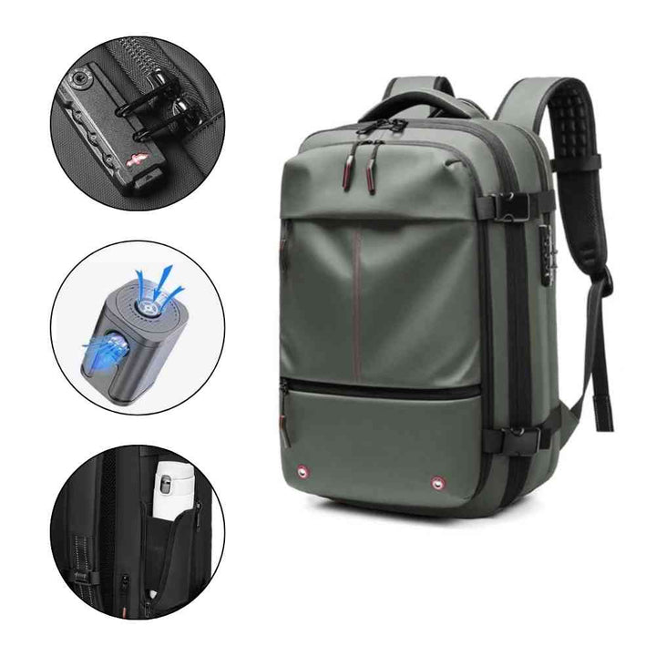 Mochila de Viagem Notebook 17 polegadas Expansível Urbanno verde, destacando cadeado de segurança, bomba de vácuo e tecido impermeável com bolso lateral