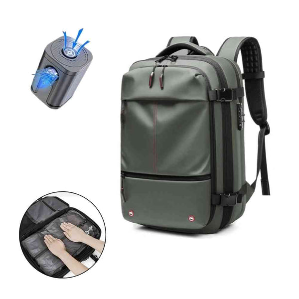 Mochila de Viagem Notebook 17 polegadas Expansível Urbanno verde, vista frontal com bomba de vácuo para compressão e compartimento interno