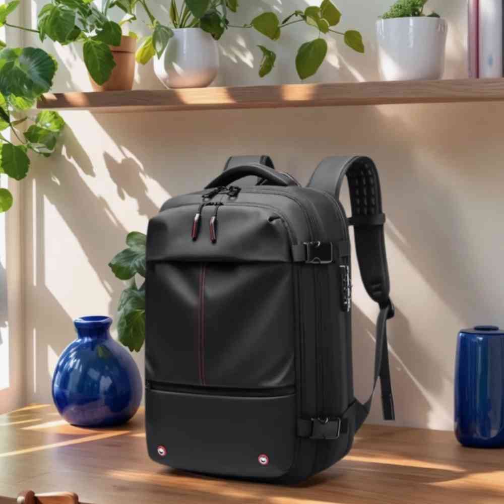 Mochila de Viagem Notebook 17 polegadas Expansível Urbanno preta, em ambiente de escritório moderno com plantas, ideal para o dia a dia profissional