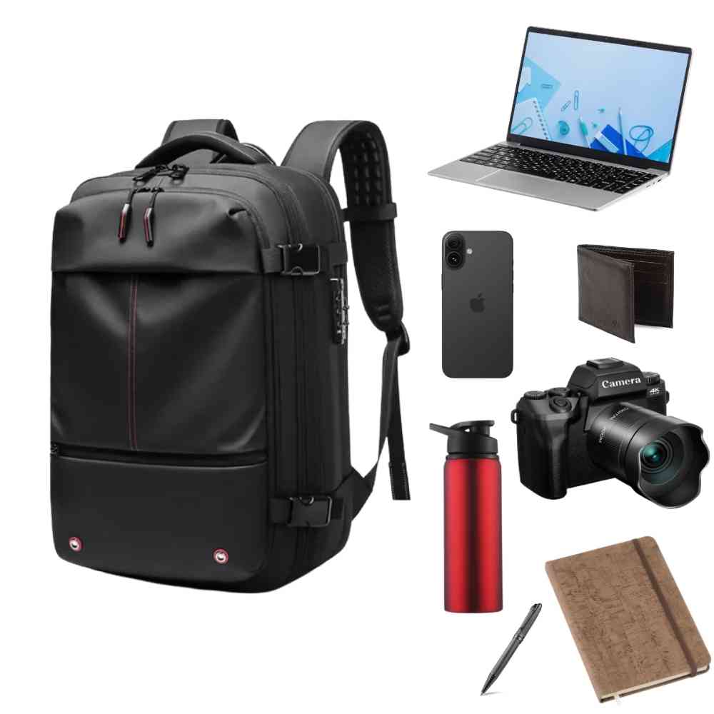 Mochila de Viagem Notebook 17 polegadas Expansível Urbanno preta, exibindo capacidade interna com notebook, câmera e acessórios essenciais para organização
