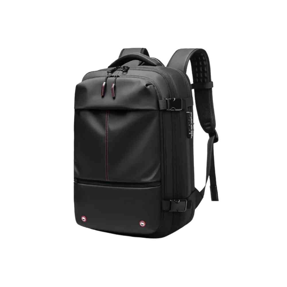 Mochila de Viagem Notebook 17 polegadas Expansível Urbanno preta, vista frontal em fundo branco, design moderno