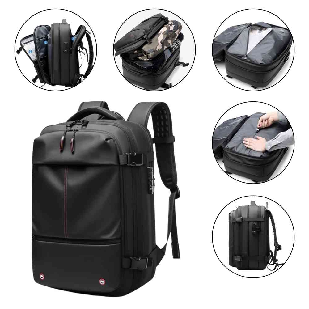 Mochila de Viagem Notebook 17 polegadas Expansível Urbanno preta, com detalhes dos múltiplos compartimentos internos e funcionalidades de organização