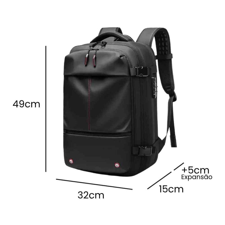 Mochila de Viagem Notebook 17 polegadas Expansível Urbanno preta, exibindo suas dimensões de 49x32x15cm e expansão de +5cm