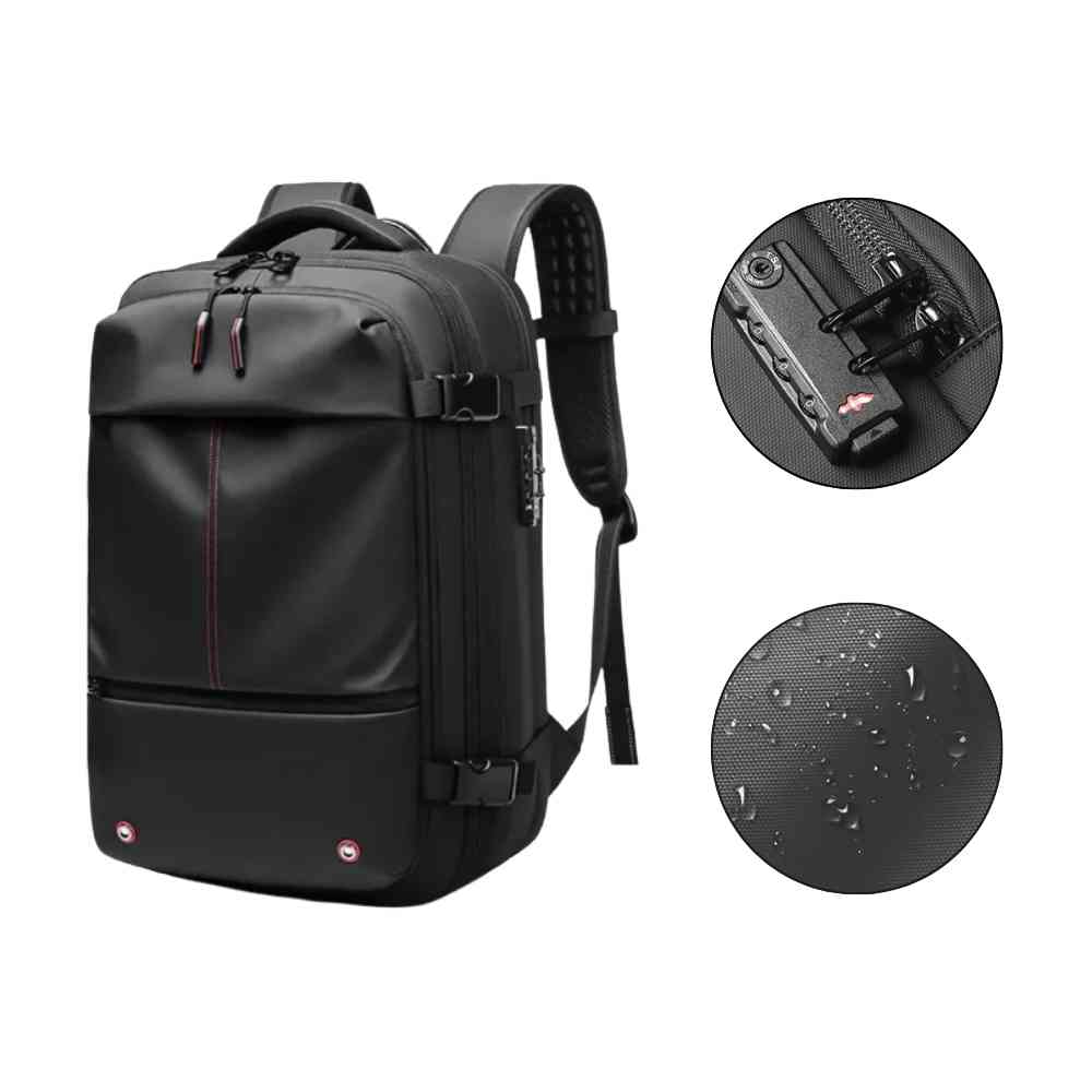 Mochila de Viagem Notebook 17 polegadas Expansível Urbanno preta, destacando cadeado de segurança e tecido impermeável resistente à água
