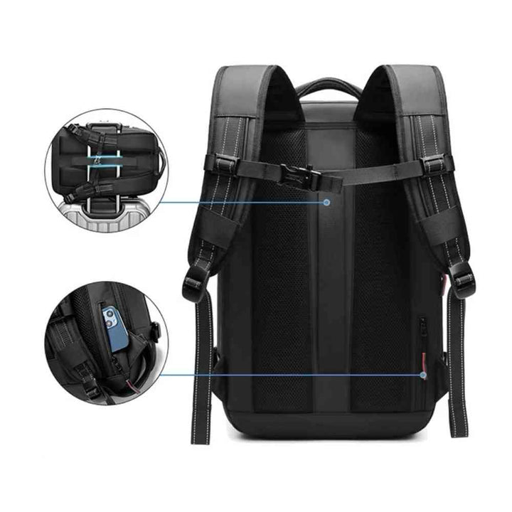 Mochila de Viagem Notebook 17 polegadas Expansível Urbanno verde, vista traseira com acoplamento para mala e bolso antifurto para celular