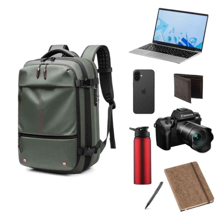 Mochila de Viagem Notebook 17 polegadas Expansível Urbanno verde, exibindo capacidade interna com notebook, câmera e acessórios essenciais para organização
