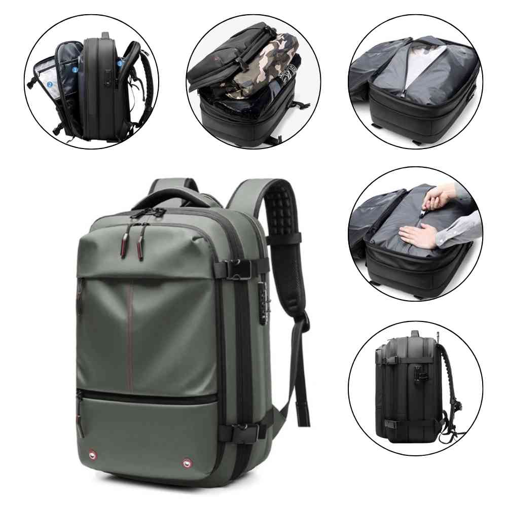 Mochila de Viagem Notebook 17 polegadas Expansível Urbanno verde, com detalhes dos múltiplos compartimentos internos e funcionalidades de organização