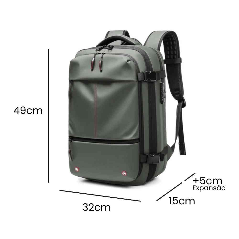 Mochila de Viagem Notebook 17 polegadas Expansível Urbanno verde, exibindo suas dimensões de 49x32x15cm e expansão de +5cm