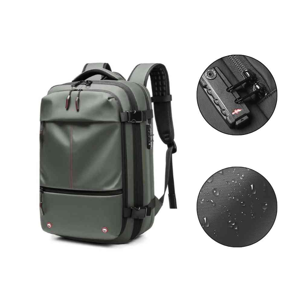 Mochila de Viagem Notebook 17 polegadas Expansível Urbanno verde, destacando cadeado de segurança e tecido impermeável resistente à água