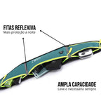 Pochete Cinto de Hidratação Multifuncional Impermeável para Corrida Azul Petróleo Urbanno, com o compartimento principal aberto mostrando o espaço para celular e outros itens. A imagem destaca a "Ampla Capacidade" e as "Fitas Reflexivas" para maior segurança à noite.