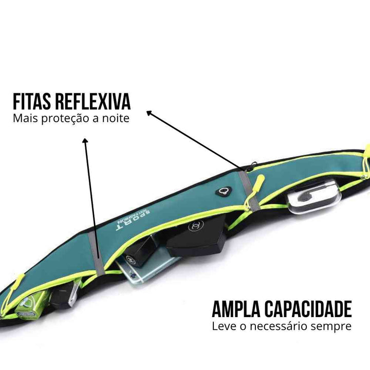 Pochete Cinto de Hidratação Multifuncional Impermeável para Corrida Azul Petróleo Urbanno, com o compartimento principal aberto mostrando o espaço para celular e outros itens. A imagem destaca a "Ampla Capacidade" e as "Fitas Reflexivas" para maior segurança à noite.