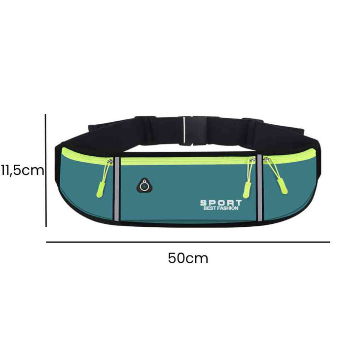 Pochete Cinto de Hidratação Multifuncional Impermeável para Corrida Azul Petróleo Urbanno, imagem com as dimensões do produto. A pochete mede 11,5cm de altura e 50cm de largura, fornecendo uma visualização clara do seu tamanho.