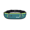 Pochete Cinto de Hidratação Multifuncional Impermeável para Corrida Azul Petróleo Urbanno, vista frontal, com dois compartimentos com zíperes e detalhes em amarelo neon, faixas refletivas e cinto ajustável, ideal para treinos e atividades ao ar livre.
