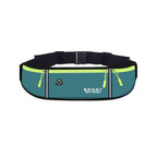 Pochete Cinto de Hidratação Multifuncional Impermeável para Corrida Azul Petróleo Urbanno, vista frontal, com dois compartimentos com zíperes e detalhes em amarelo neon, faixas refletivas e cinto ajustável, ideal para treinos e atividades ao ar livre.