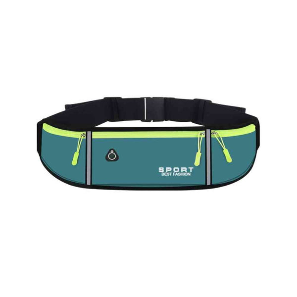 Pochete Cinto de Hidratação Multifuncional Impermeável para Corrida Azul Petróleo Urbanno, vista frontal, com dois compartimentos com zíperes e detalhes em amarelo neon, faixas refletivas e cinto ajustável, ideal para treinos e atividades ao ar livre.