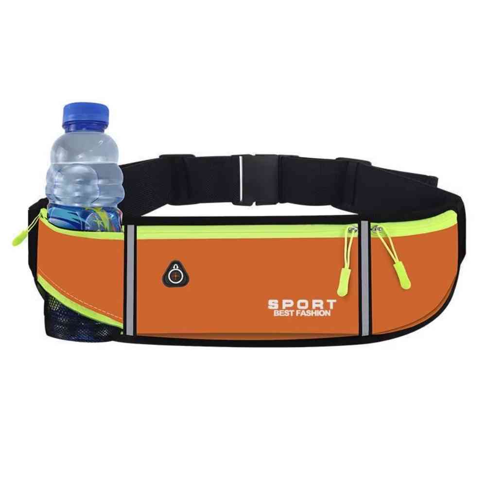 Pochete Cinto de Hidratação Multifuncional Impermeável para Corrida Laranja Urbanno, vista frontal, com garrafa de água inserida no bolso lateral de tela, destacando a capacidade de hidratação, ideal para transportar líquidos com segurança durante a prática de esportes e atividades ao ar livre.