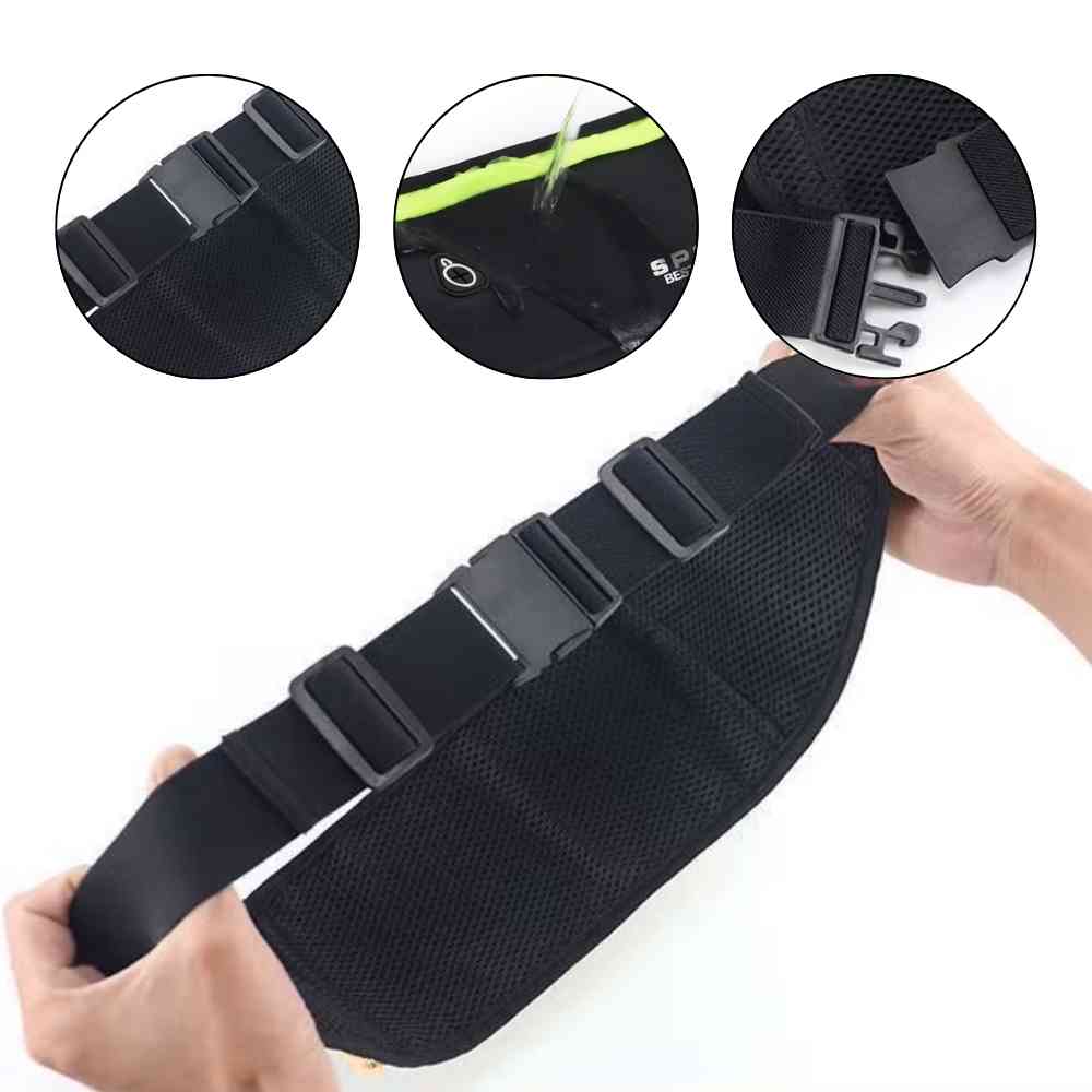 Pochete Cinto de Hidratação Multifuncional Impermeável para Corrida Laranja Urbanno, vista da parte traseira, com destaque para a tela acolchoada e respirável. A imagem detalha o cinto preto ajustável com fivela de engate, garantindo um ajuste personalizado e conforto durante a prática de esportes.