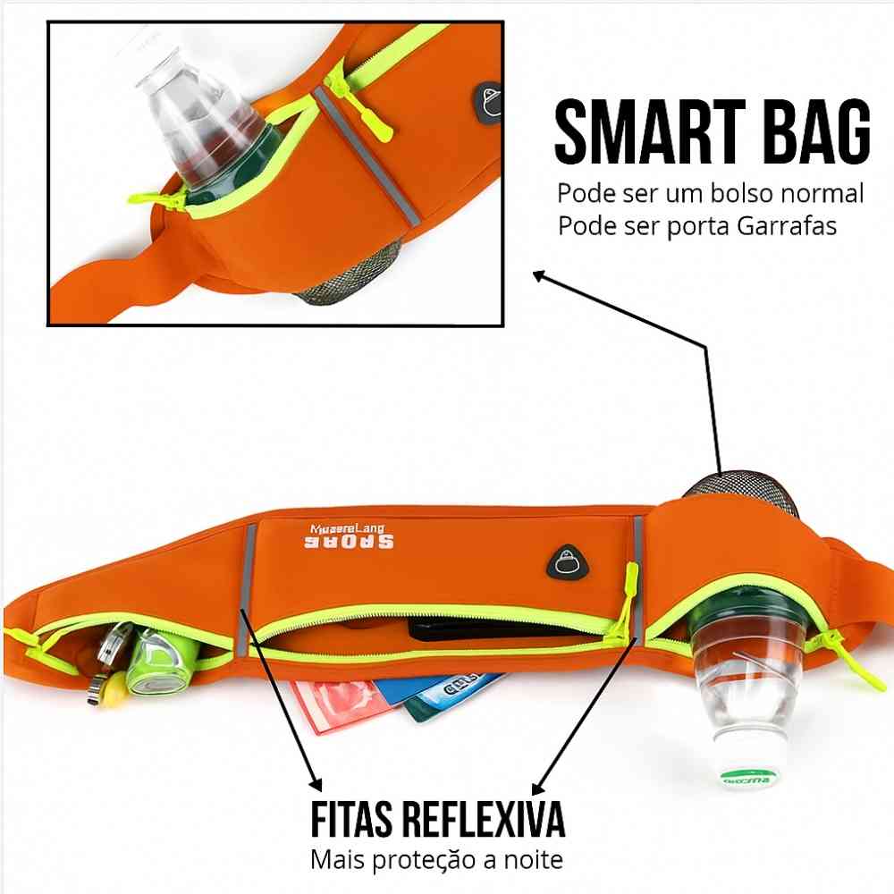 Pochete Cinto de Hidratação Multifuncional Impermeável para Corrida Laranja Urbanno, com texto e setas indicando os detalhes técnicos do produto: compartimento principal com zíper mostrando espaço para celular e chaves, bolso lateral expansível para garrafa de água, e faixas refletivas para maior segurança em ambientes de pouca luz.