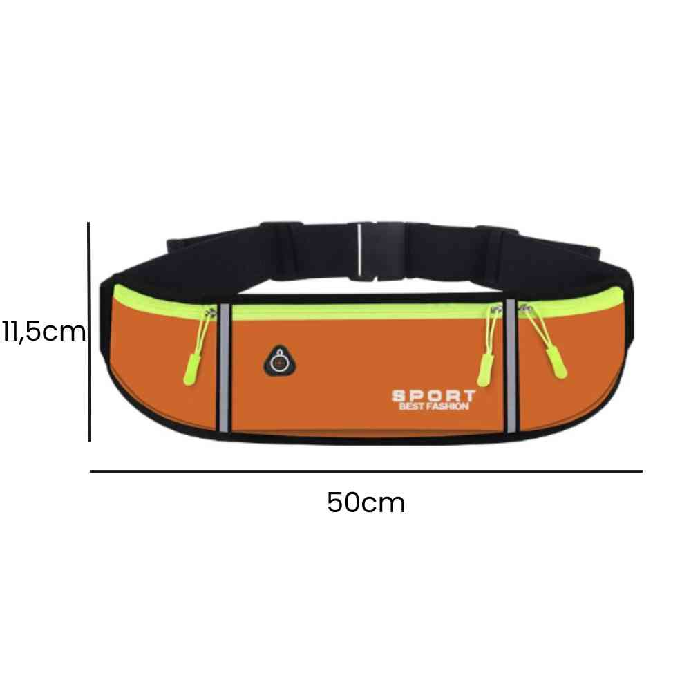 Pochete Cinto de Hidratação Multifuncional Impermeável para Corrida Laranja Urbanno, imagem com as dimensões do produto. A pochete tem 11,5cm de altura e 50cm de largura, fornecendo uma visualização clara do seu tamanho.