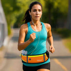 Pochete Cinto de Hidratação Multifuncional Impermeável para Corrida Laranja Urbanno, em uso, uma mulher morena correndo ao ar livre com fones de ouvido, vestindo a pochete na cintura com uma garrafa de água no compartimento lateral e utilizando o cinto ajustável para fixação segura durante a atividade física.