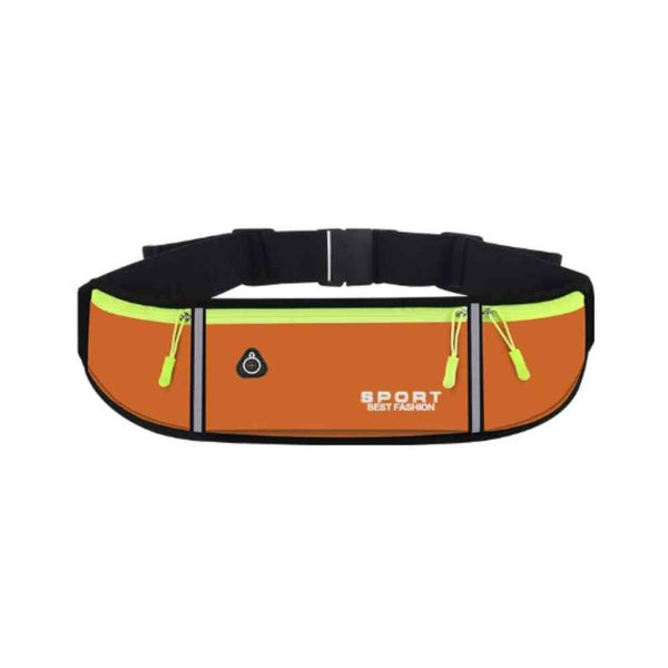 Pochete Cinto de Hidratação Multifuncional Impermeável para Corrida Laranja Urbanno, vista frontal, com dois compartimentos com zíper, detalhes refletivos e cinto ajustável, ideal para transportar itens essenciais como celular e chaves com segurança durante a prática de esportes e atividades ao ar livre.