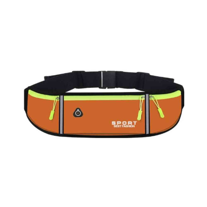 Pochete Cinto de Hidratação Multifuncional Impermeável para Corrida Laranja Urbanno, vista frontal, com dois compartimentos com zíper, detalhes refletivos e cinto ajustável, ideal para transportar itens essenciais como celular e chaves com segurança durante a prática de esportes e atividades ao ar livre.