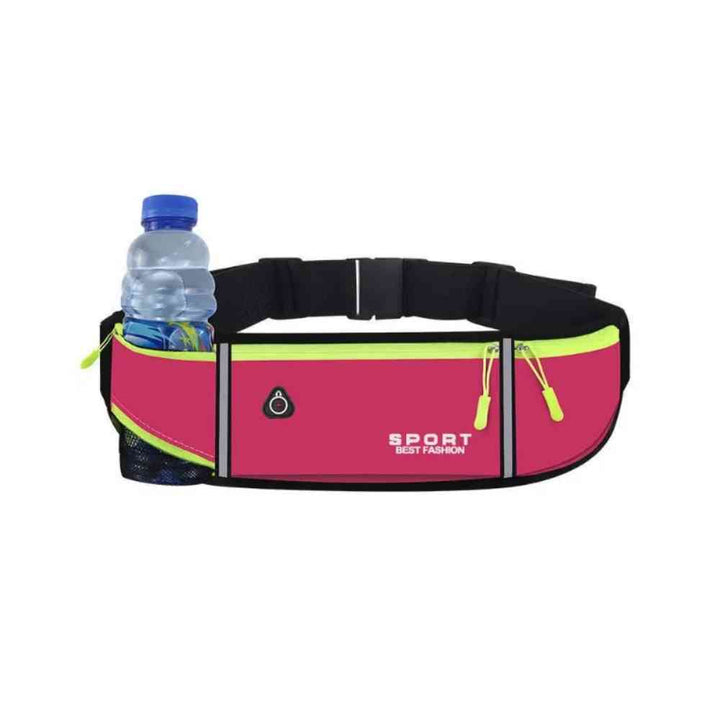 Pochete Cinto de Hidratação Multifuncional Impermeável para Corrida Pink Urbanno, vista frontal, com garrafa de água inserida no bolso lateral de tela, destacando a praticidade para se manter hidratado durante corridas e exercícios.