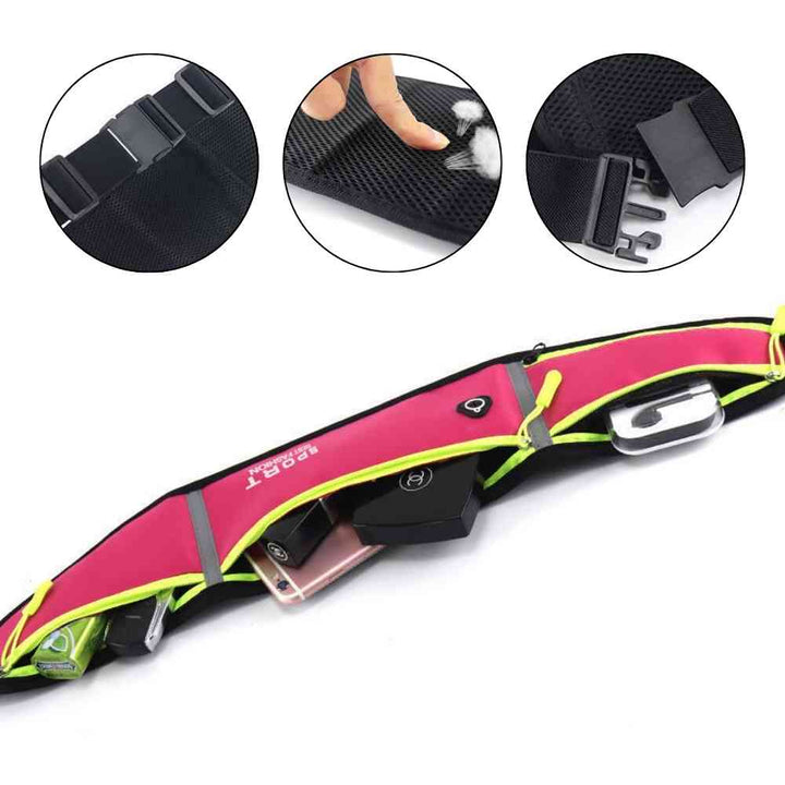 Pochete Cinto de Hidratação Multifuncional Impermeável para Corrida Pink Urbanno, com o compartimento principal aberto mostrando o espaço para celular e outros itens, e detalhes da alça ajustável com tela acolchoada na parte de trás, garantindo praticidade e conforto.