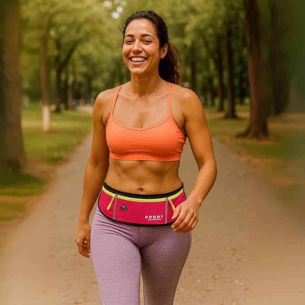 Pochete Cinto de Hidratação Multifuncional Impermeável para Corrida Pink Urbanno, em uso por uma mulher sorrindo enquanto corre em um parque, destacando o ajuste perfeito e confortável na cintura durante atividades ao ar livre.