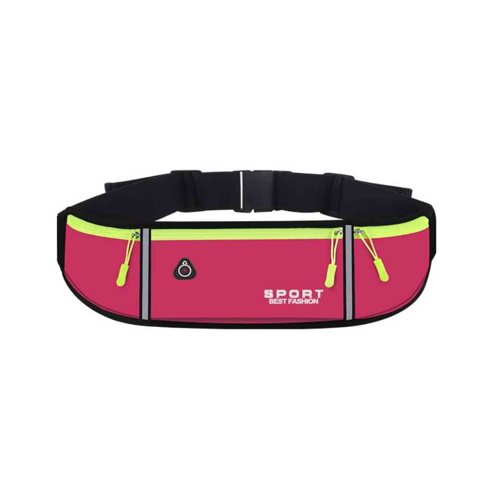 Pochete Cinto de Hidratação Multifuncional Impermeável para Corrida Pink Urbanno, vista frontal, com dois compartimentos com zíperes e detalhes em amarelo neon, faixas refletivas e cinto ajustável, ideal para treinos e atividades ao ar livre.