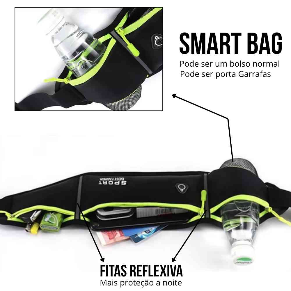 Pochete Cinto de Hidratação Multifuncional Impermeável para Corrida Preta Urbanno, com textos e setas indicando os detalhes técnicos do produto. A imagem destaca o bolso principal, o bolso lateral que serve como porta-garrafas ("SMART BAG") e as fitas refletivas para maior segurança à noite.