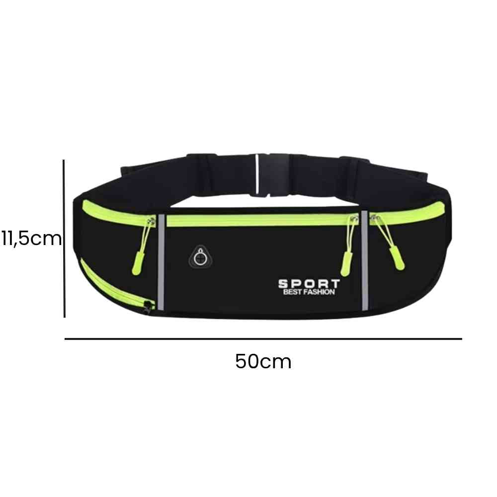 Pochete Cinto de Hidratação Multifuncional Impermeável para Corrida Preta Urbanno, imagem com as dimensões do produto. A pochete mede 11,5cm de altura e 50cm de largura, fornecendo uma visualização clara do seu tamanho.