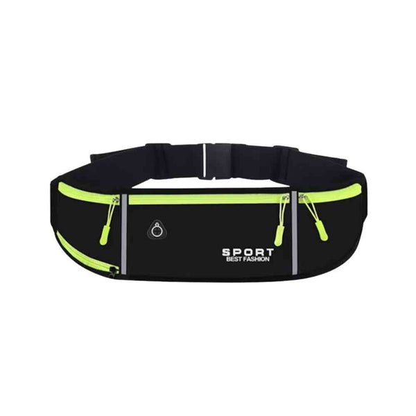 Pochete Cinto de Hidratação Multifuncional Impermeável para Corrida Preta Urbanno, vista frontal, com dois compartimentos com zíperes e detalhes em amarelo neon, faixas refletivas e cinto ajustável, ideal para treinos e atividades ao ar livre.