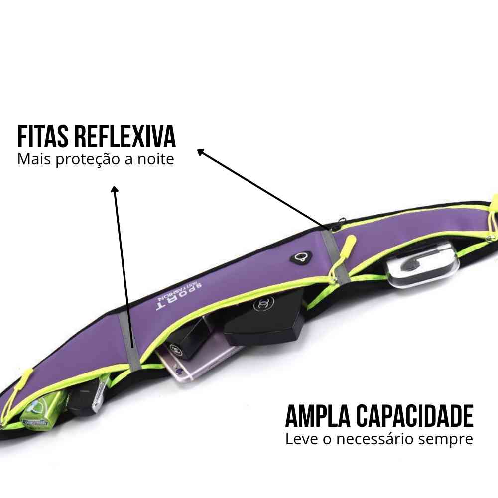 Pochete Cinto de Hidratação Multifuncional Impermeável para Corrida Roxa Urbanno, com o compartimento principal aberto mostrando o espaço para celular e outros itens. A imagem destaca a "Ampla Capacidade" e as "Fitas Reflexivas" para maior segurança à noite.
